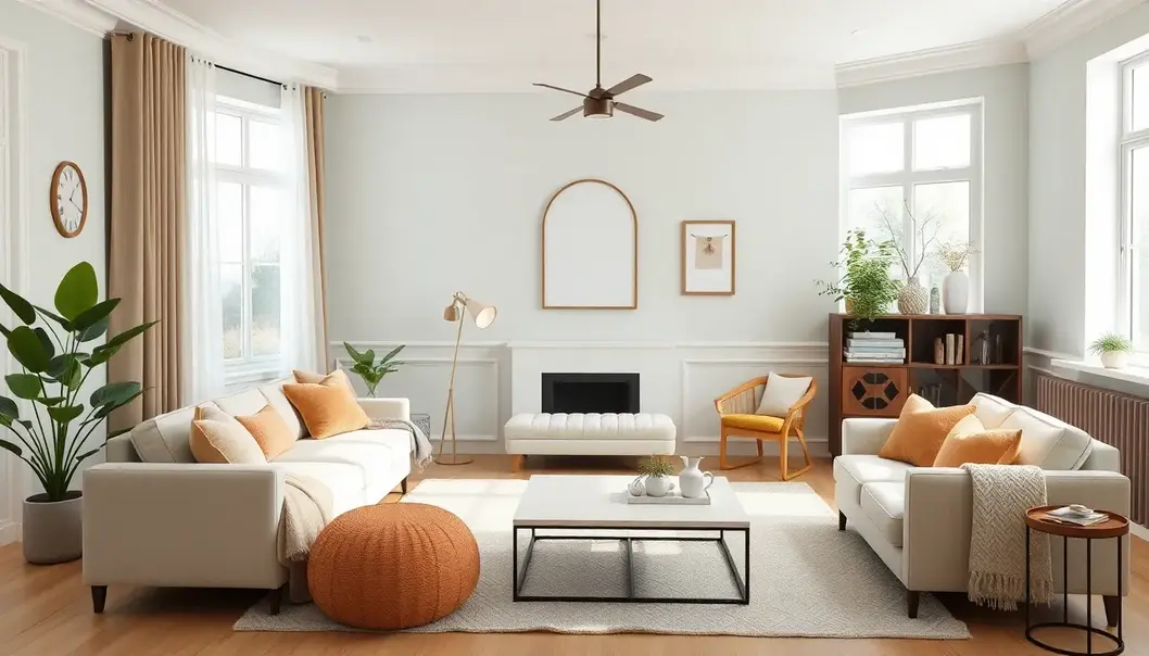 A welcoming living room featuring gentle pastel tones and comfortable furniture, ideal for creating a cozy ambiance for new moms.