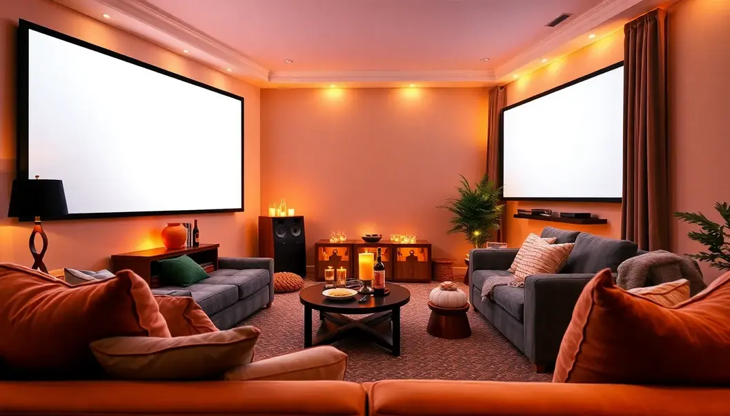 A cozy and inviting movie night setup at home with a screen and snacks.