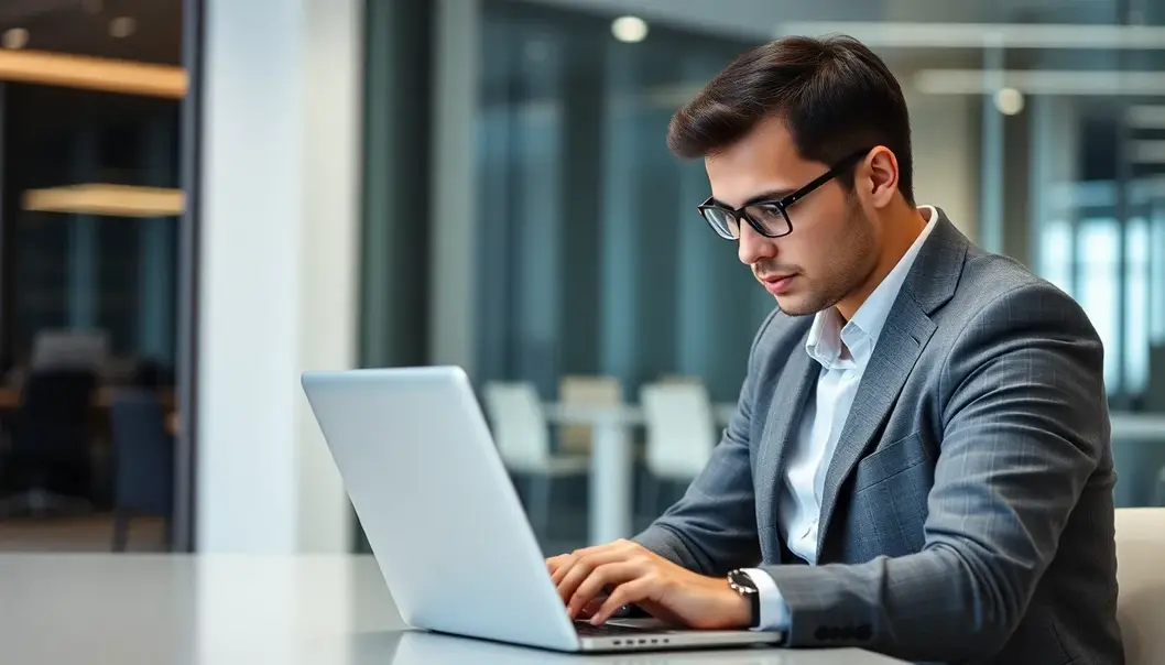 A professional updating their LinkedIn profile in a modern office.