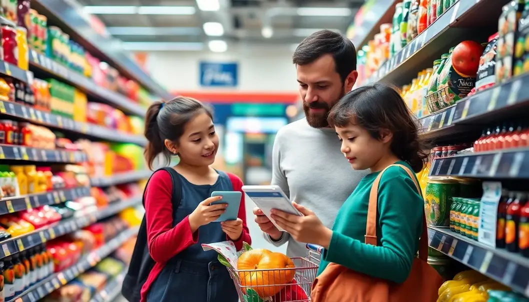 A family reads food labels together in a supermarket aisle.