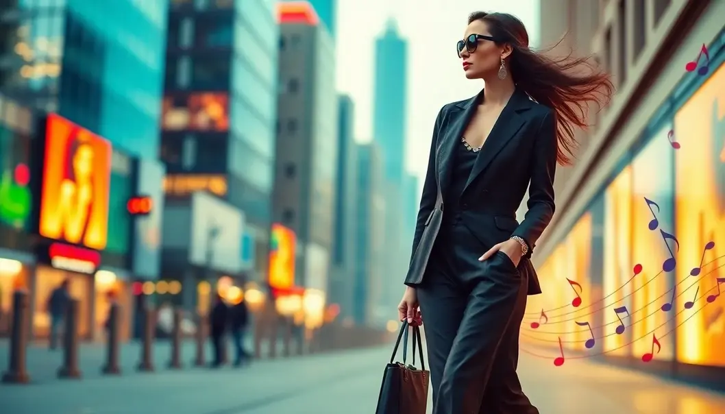 A stylish individual in an elegant outfit, walking through a cityscape filled with musical elements, symbolizing the connection between fashion and music.