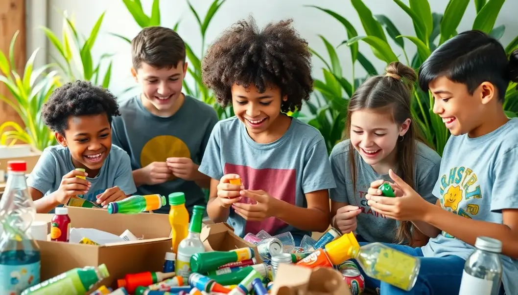 Teens crafting toys from recyclables, showcasing creativity and eco-friendliness.