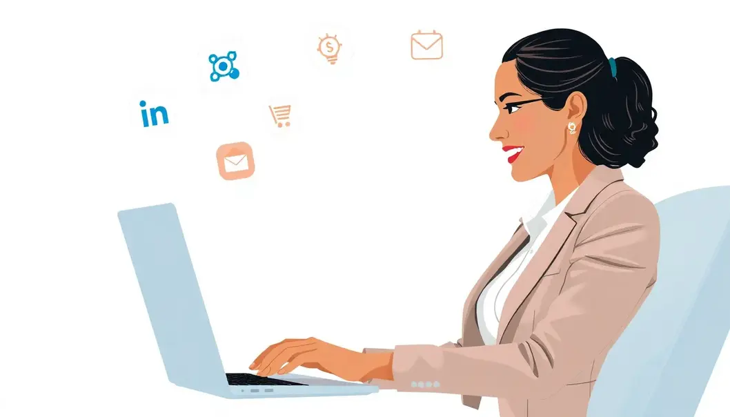 Professional using LinkedIn with networking and branding icons.