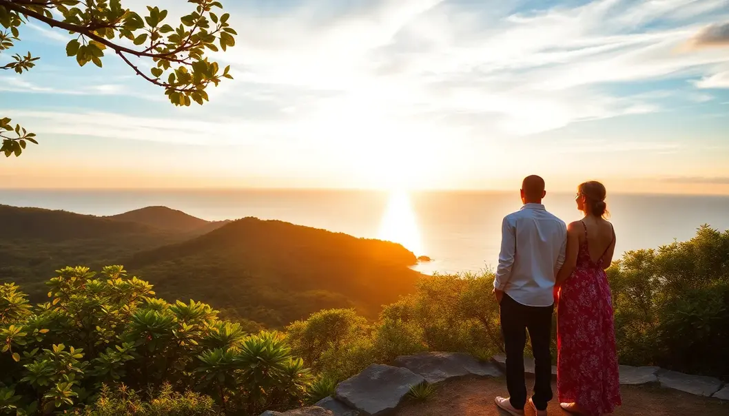 Couple at a scenic coastal viewpoint watching the sunset over the ocean.