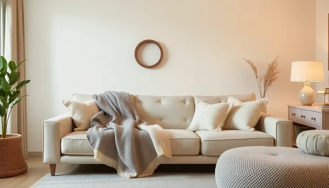 Soft textures and warm tones make the living room inviting.