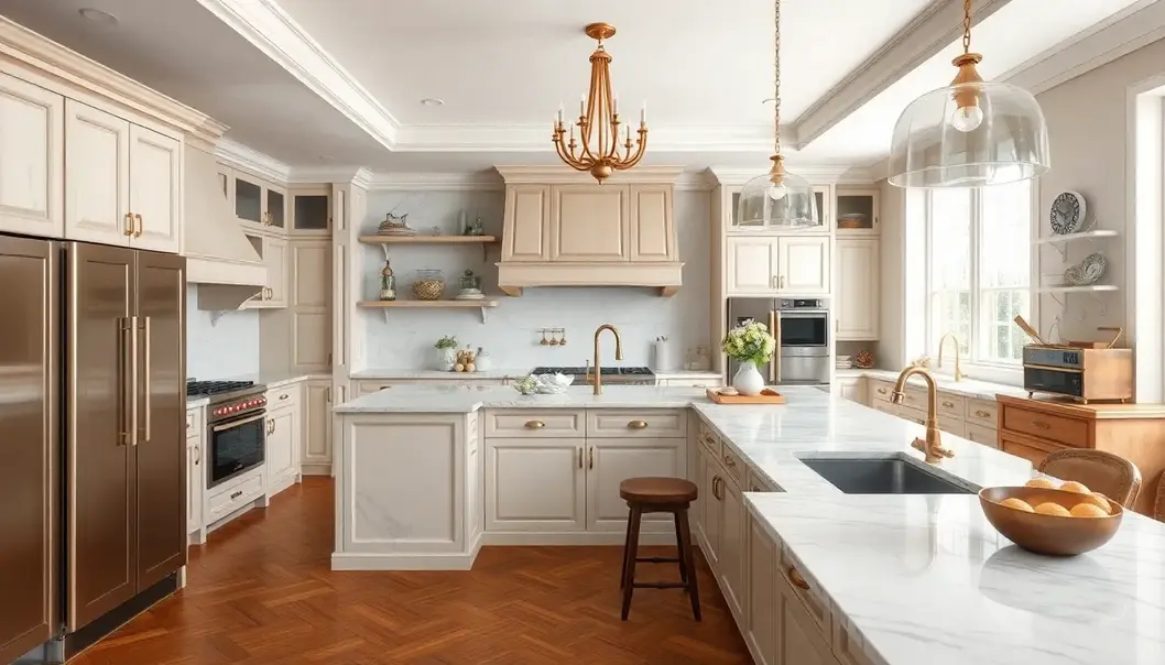 A luxurious kitchen showcasing timeless elegance with marble and vintage elements.